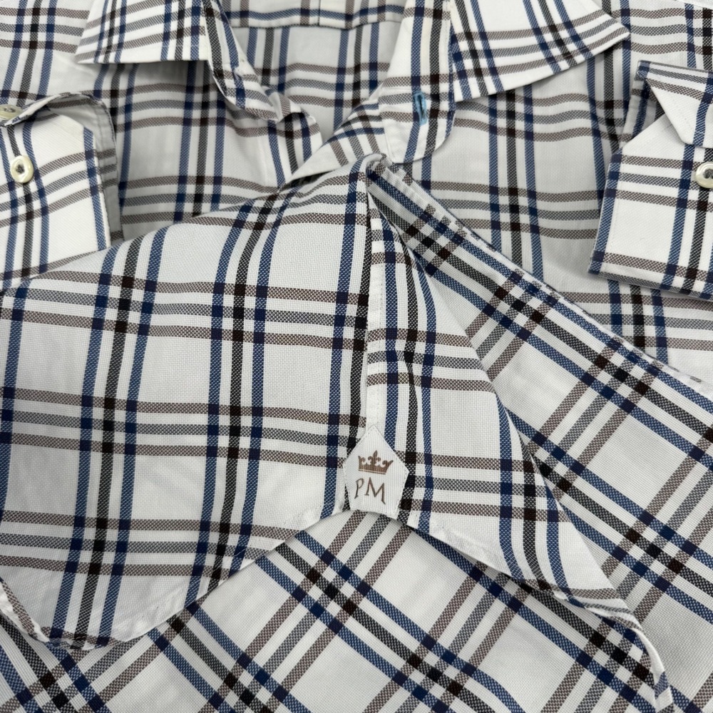 Peter Millar Mens Medium White Blue Brown Plaid Cotton Button Down Shirt LS - Picture 6 of 12